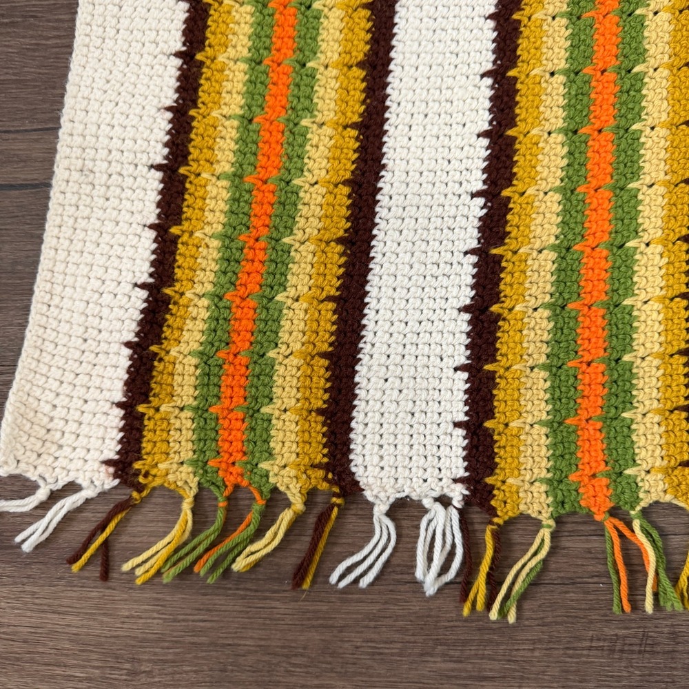 Handmade Crochet Afghan Throw Blanket MCM Boho Retro Striped Fringe Earthy 40x68 - Picture 5 of 7